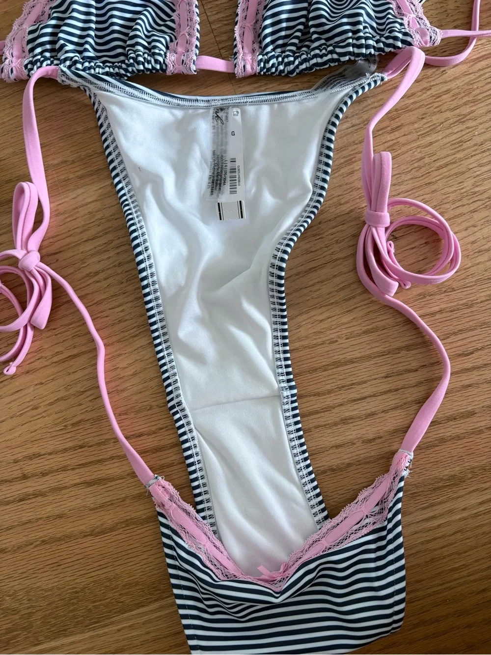 Frankie's Bikinis Pink & Black Striped Lace-Trim Triangle Bikini